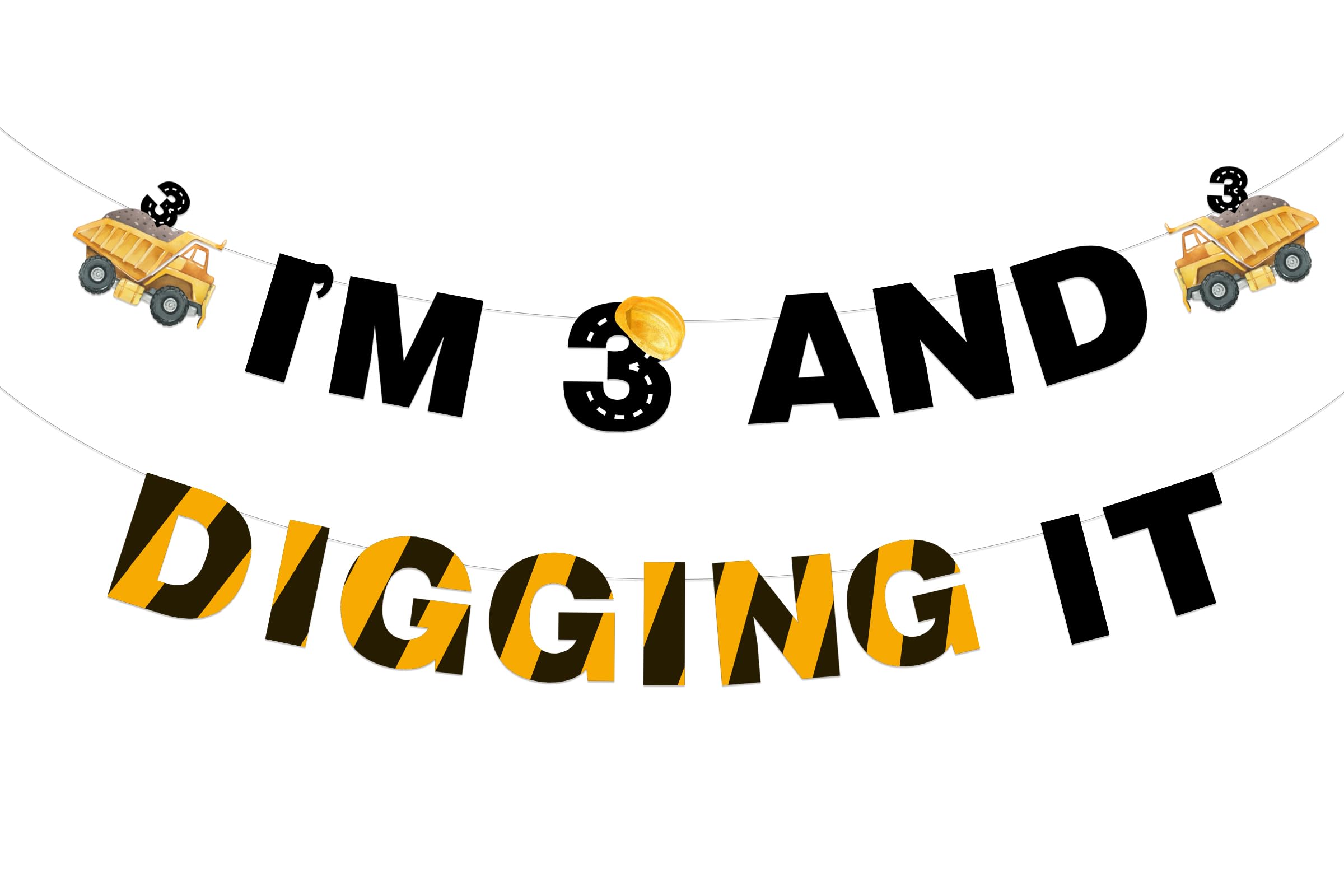 Funmemoir Construction 3rd Birthday Decorations, I'm 3 and Digging It Banner, Pre-Strung Excavator 3rd Birthday Party Garland Banner, Dump Truck Im Digging Being 3 Birthday Party