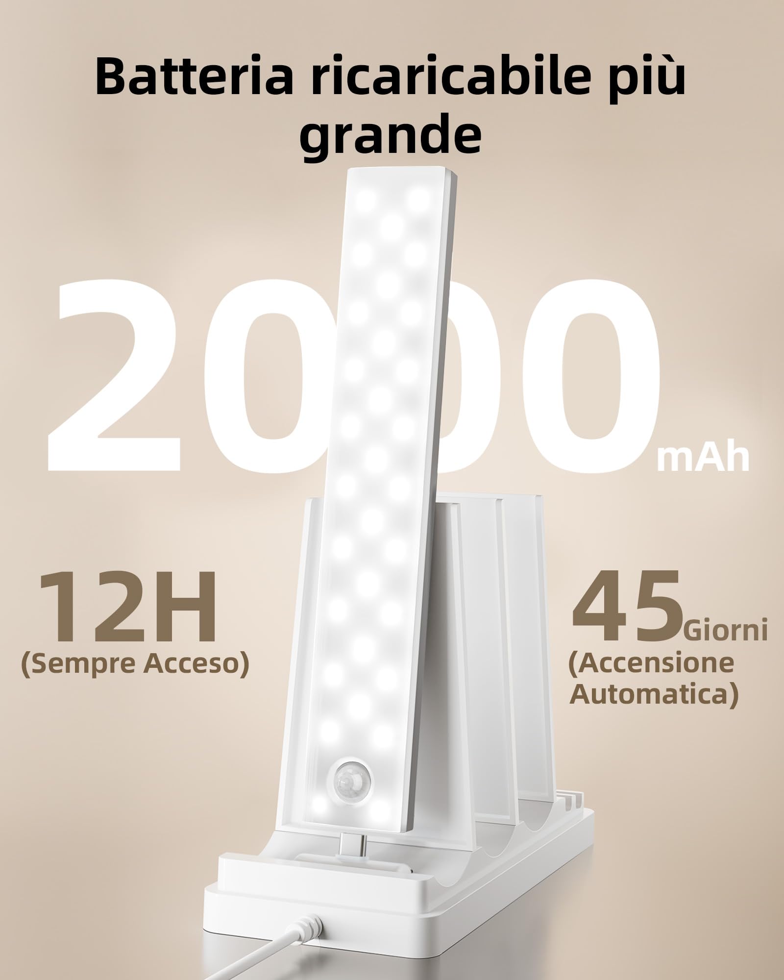EZVALO Lampada da incasso da cucina a LED con stazione di ricarica 62 LED, 2000 mAh, illuminazione per armadio con 3 temperature di colore, dimmerabile, senza fili, con sensore di movimento, per