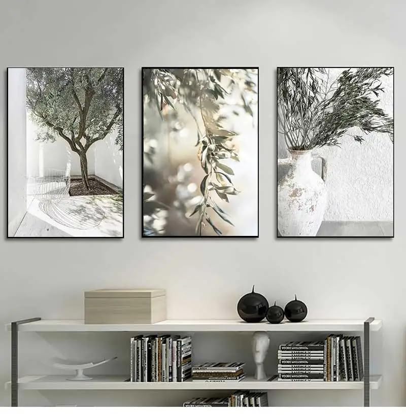 Toile vert olive motif arbre et architecture italienne de grande qualité 60x80cm