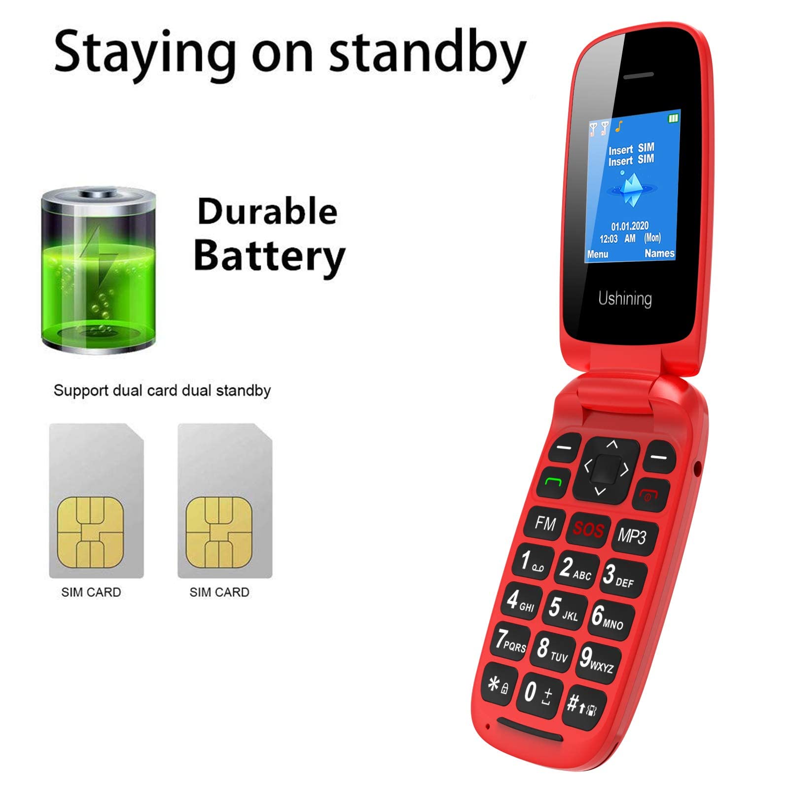 USHINING GSM Telefono Cellulare per Anziani, Telefono Cellulare a Conchiglia con Tasti Grandi Funzione SOS, Cellulare per Anziani Facile da Usare - Rosso