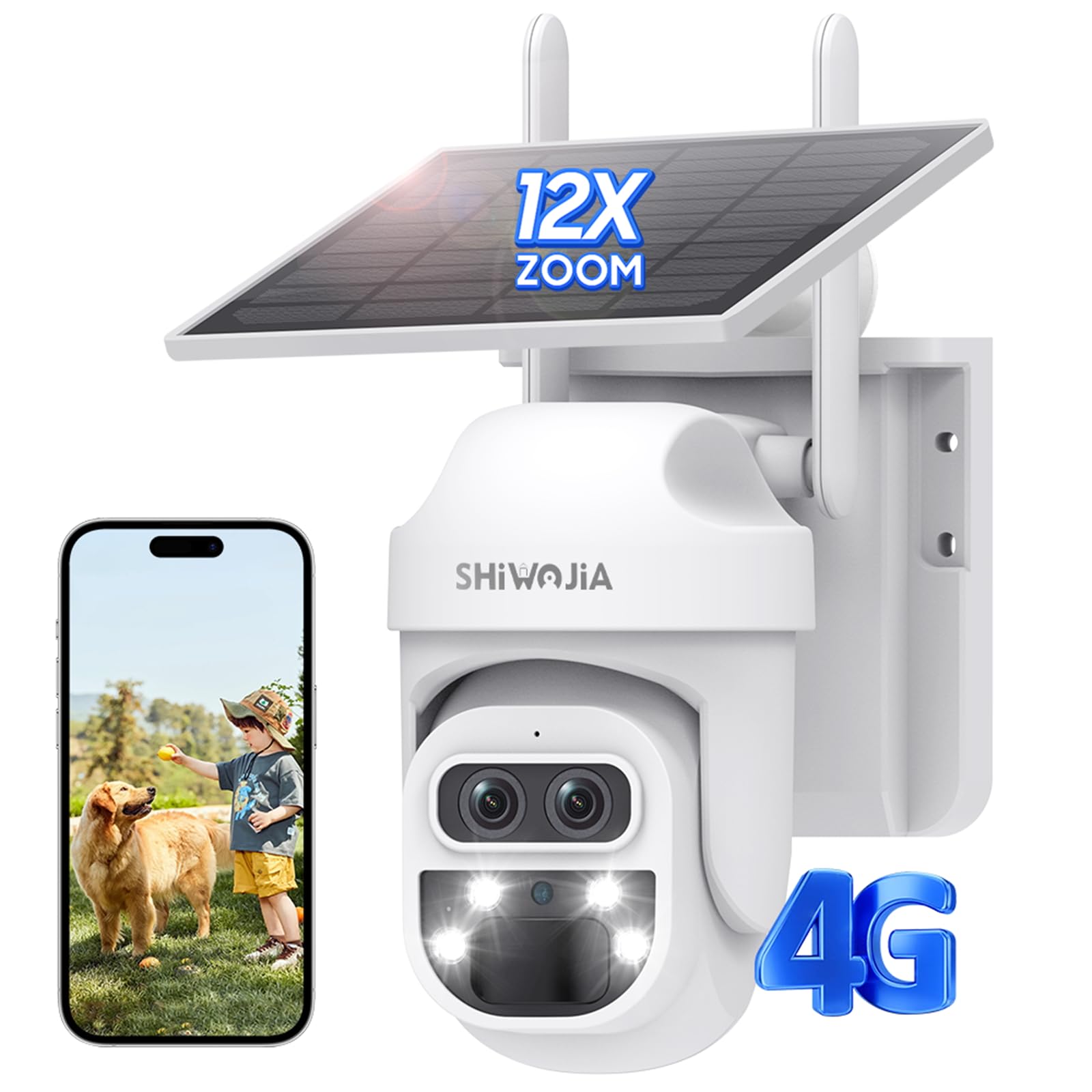 Shiwojia White 4G Solar Surveillance Camera, 12X Hybrid Zoom, Dual Lens, 360° Ptz 6Mp Outdoor Solar Camera, Colour Night Vision, Two-Way Audio (White)