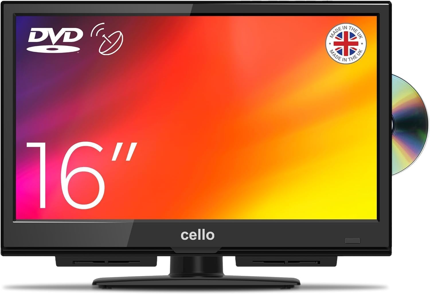 Cello 16 inch TV Made in UK (2024) with Built in DVD Player, Freeview, FreeSat & “Pitch Perfect” Speakers | Small TV for Kitchen | TV with Built-in DVD player for Homes, Small spaces