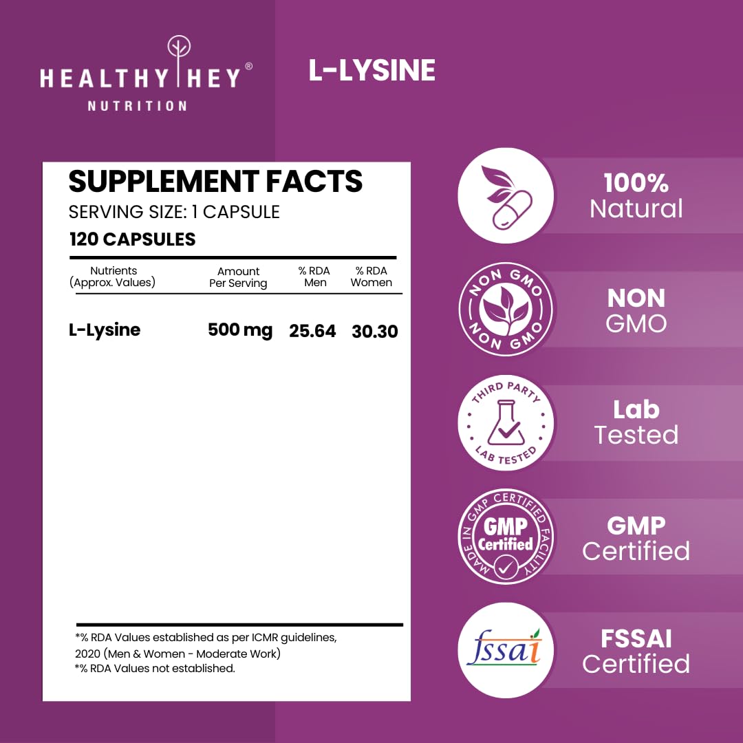 HealthyHey Nutrition L-Lysine 120 Vegetable Capsules