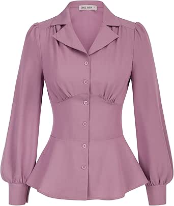 GRACE KARIN Button Down Shirts for Women Peplum Tops Long Sleeve Work Blouse Collared Shirt Dressy Top