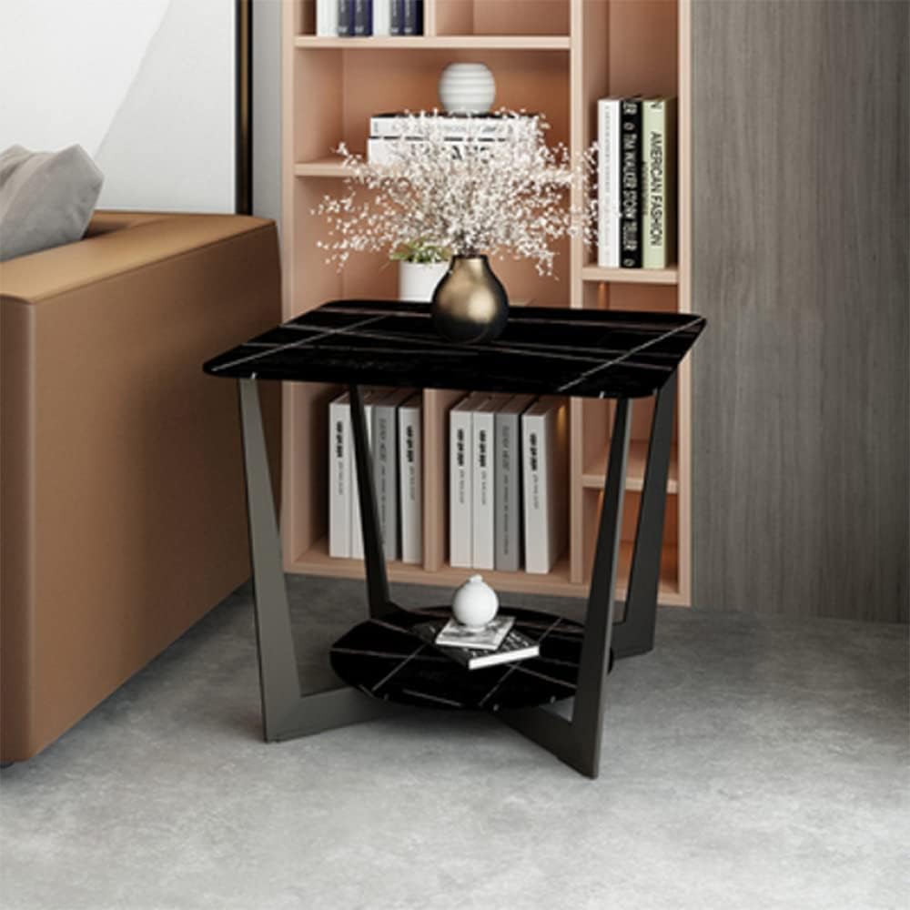 Side Table/End Table,Square Double Layer Slat Top Metal Waterproof Snack Table Living Room Bedroom Garden Terrace