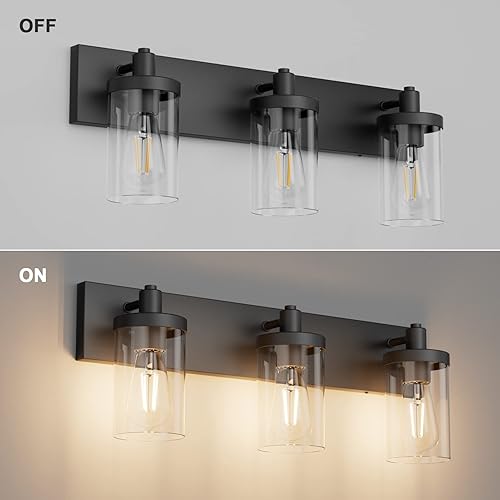 Miniatura 4 de Aipsun Lámpara de tocador negra para baño, 3 luces, estilo granja, para baño, sobre espejo con pantalla de vidrio transparente (no incluye bombilla)