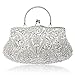 SSMY Beaded Sequin Design Flower Evening Purse Large Clutch Bag (Silver)