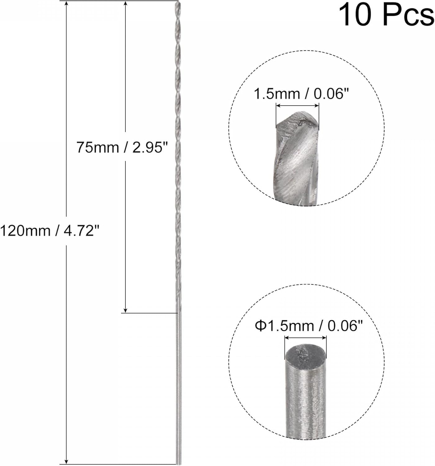 uxcell 10 Pcs 1.5mm Mini Micro Twist Drill Bits, High-Speed Steel Straight Shank Extra Long Drill Bit 120mm for Aluminum Alloy