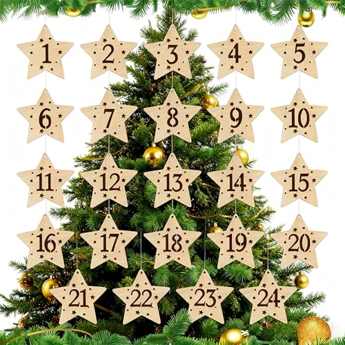 Adventskalenderzahlen aus Holz | 24 Sterne Anhänger | Zahlen 124 | Holzanhänger Weihnachten | DIY Adventskalender Deko | Holzsterne