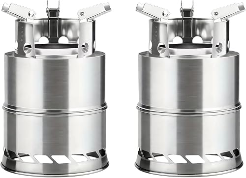 2x Stainless Steel Camp Stove - Compact Twig Stove for Outdoor Cooking, Hiking, Backpacking, BBQ & Survival - Double Wall Gasifier Stove with Pot Rack & Carry Bag