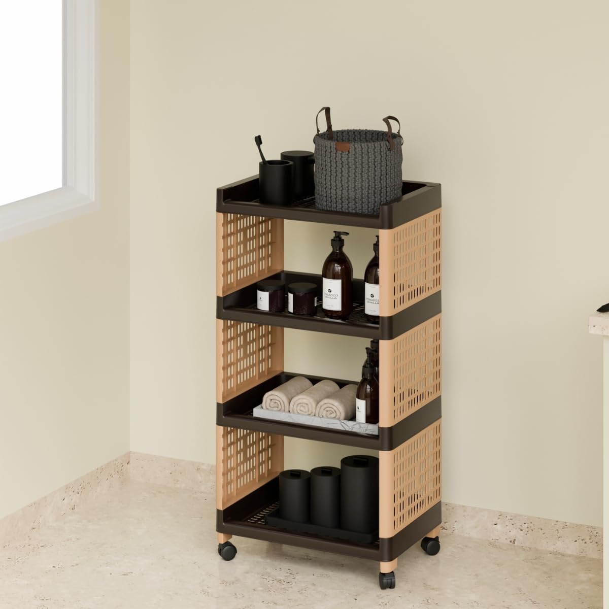 Plastic Multipurpose Storage Rack with Wheels | 2-Shelf Organizer for Home, Kitchen & Bathroom | Portable Trolley Rack for Vegetables, Toiletries, Snacks, (Biege, 4 Layer)-picture-17