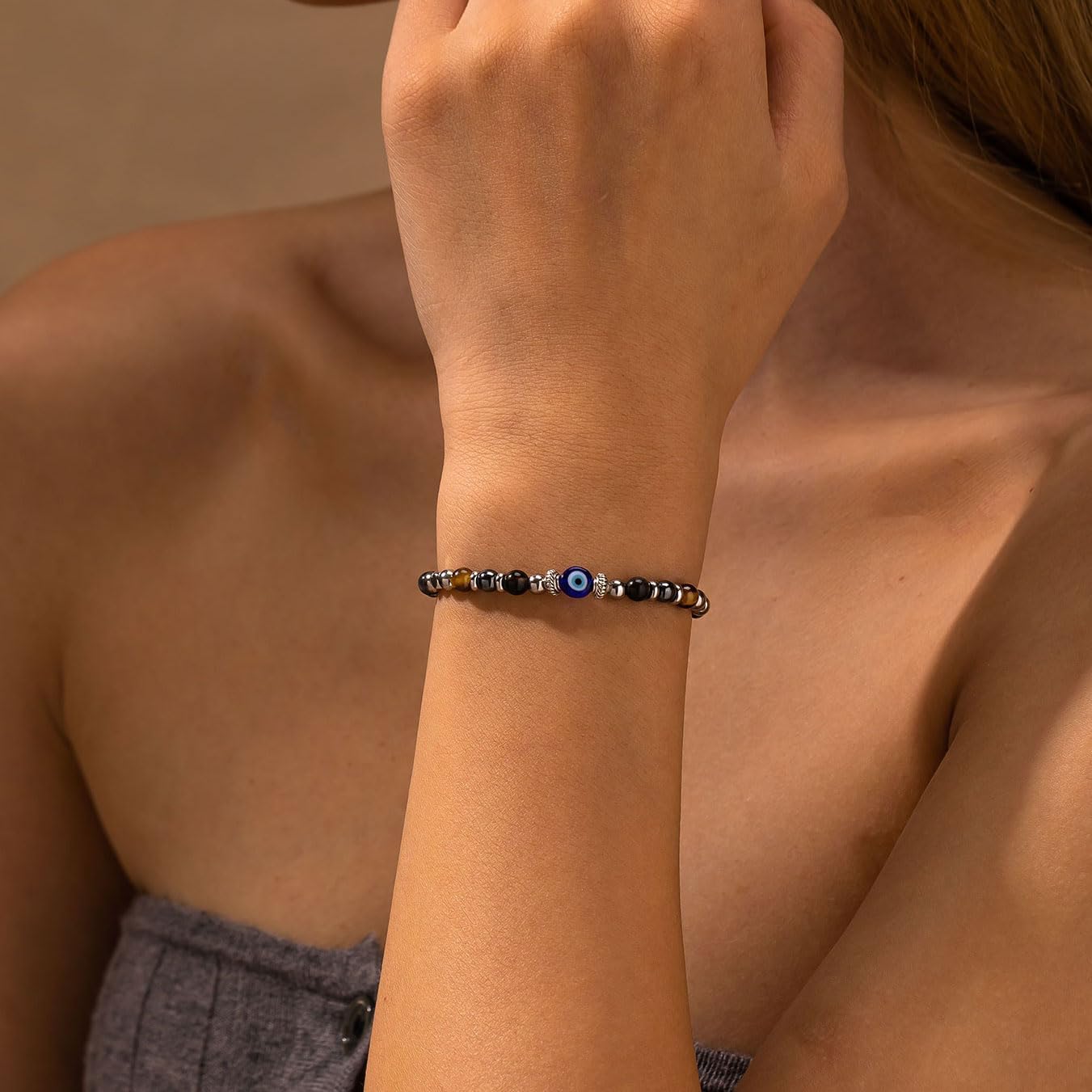 Triple Threat Protection Bracelet for Women,Evil Eye Natural Healing Crystal Beaded Bracelet for Protection - Image 4