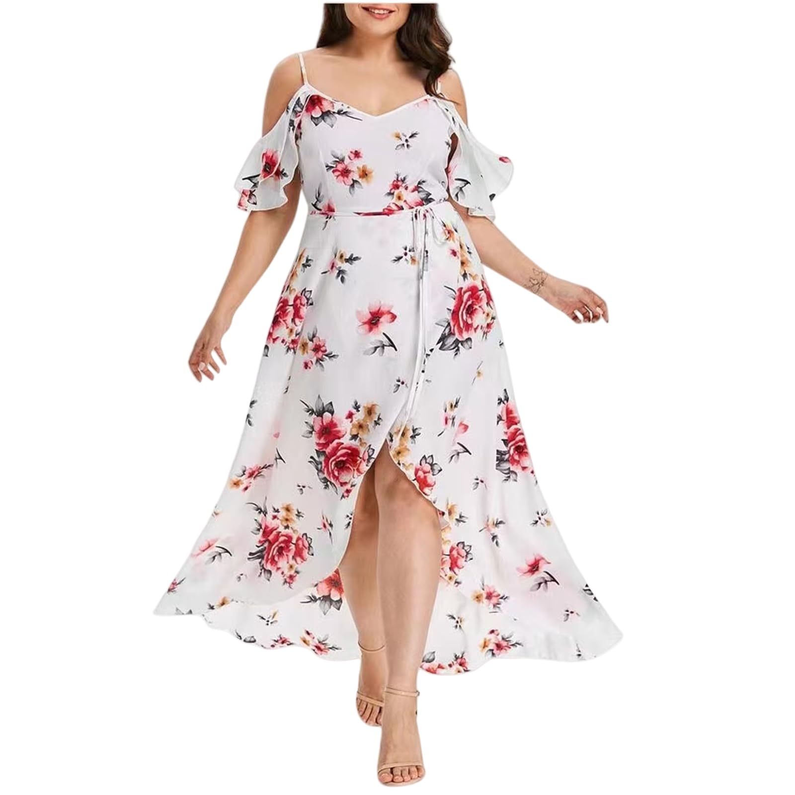 Vestido de Verano de Flores Femeninas de Gran Tamaño Vestido Bohemio de Manga Corta de Cuello V con Volantes en Forma de a, HUTALIM, Negro, XXL