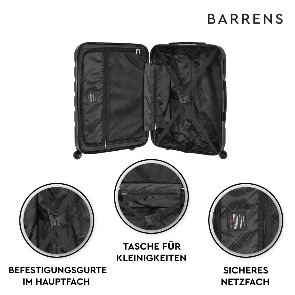 BARRENS Mittel Koffer Hartschalen-Koffer Rollkoffer Reisekoffer, Mittelgroßer Trolley mit 360° Rollen, Koffer mit Zahlenschloss Teleskopgriff, 63L Reisekoffer für Geschäft, 66x46x26 cm (Schwarz)