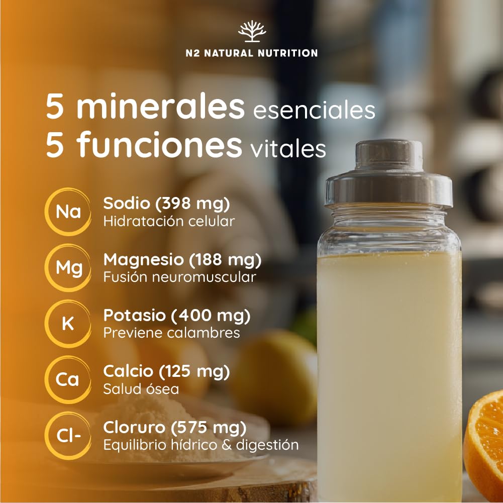 Electrolitos sin azúcar, 1686mg para 45 días de Hidratación. Bebida isótonica con Cloruro, Potasio, Sodio, Calcio y Magnesio. Deportivo, Energético, Vegano, Dieta Keto. N2 Natural Nutrition