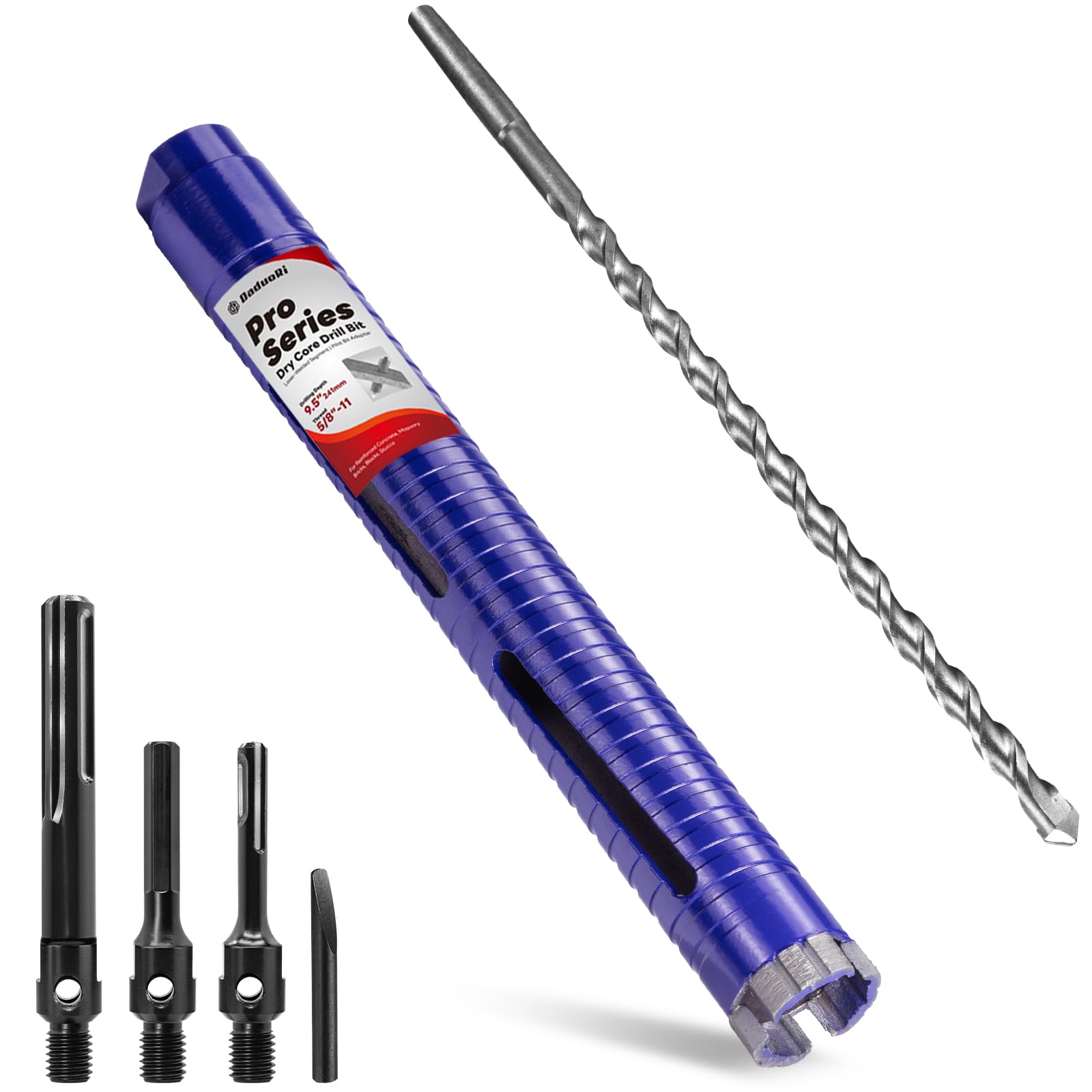 Photo 1 of DaduoRi 1-1/4" Pro Dry Core Drill Bit with Pilot Bit & 3 Adapters (SDS Plus/SDS Max/1/2 Hex), Upgraded Welded Core Bits for Concrete with Rebar, Masonry, Brick, Mortar - 9.5" Depth, 5/8"-11 Thread