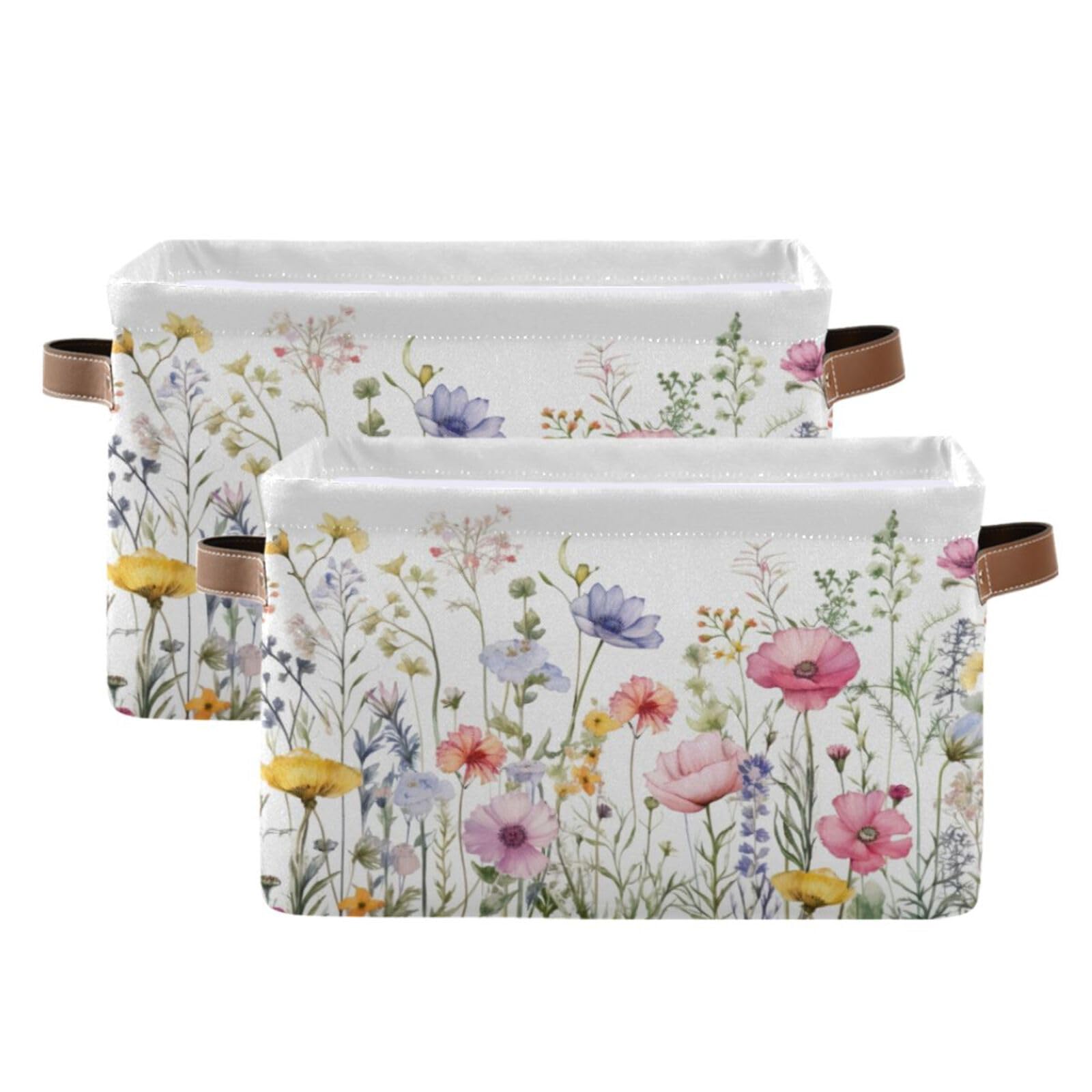YETTASBIN Herbal Wildflowers Storage Basket 2pc, Large Collapsible Toys Clothes Organizer, Durable Canvas Storage Bin with Handle for Shelves Closet Laundry Home Office Decor