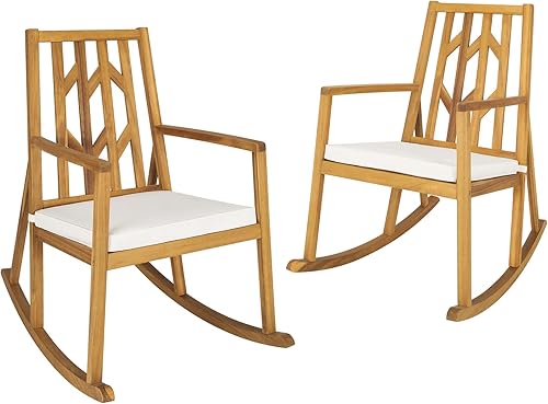 Tangkula Mecedora de madera de acacia para patio, 2 piezas, balancín de porche al aire libre con cojín extraíble de alta densidad, resistente a todo