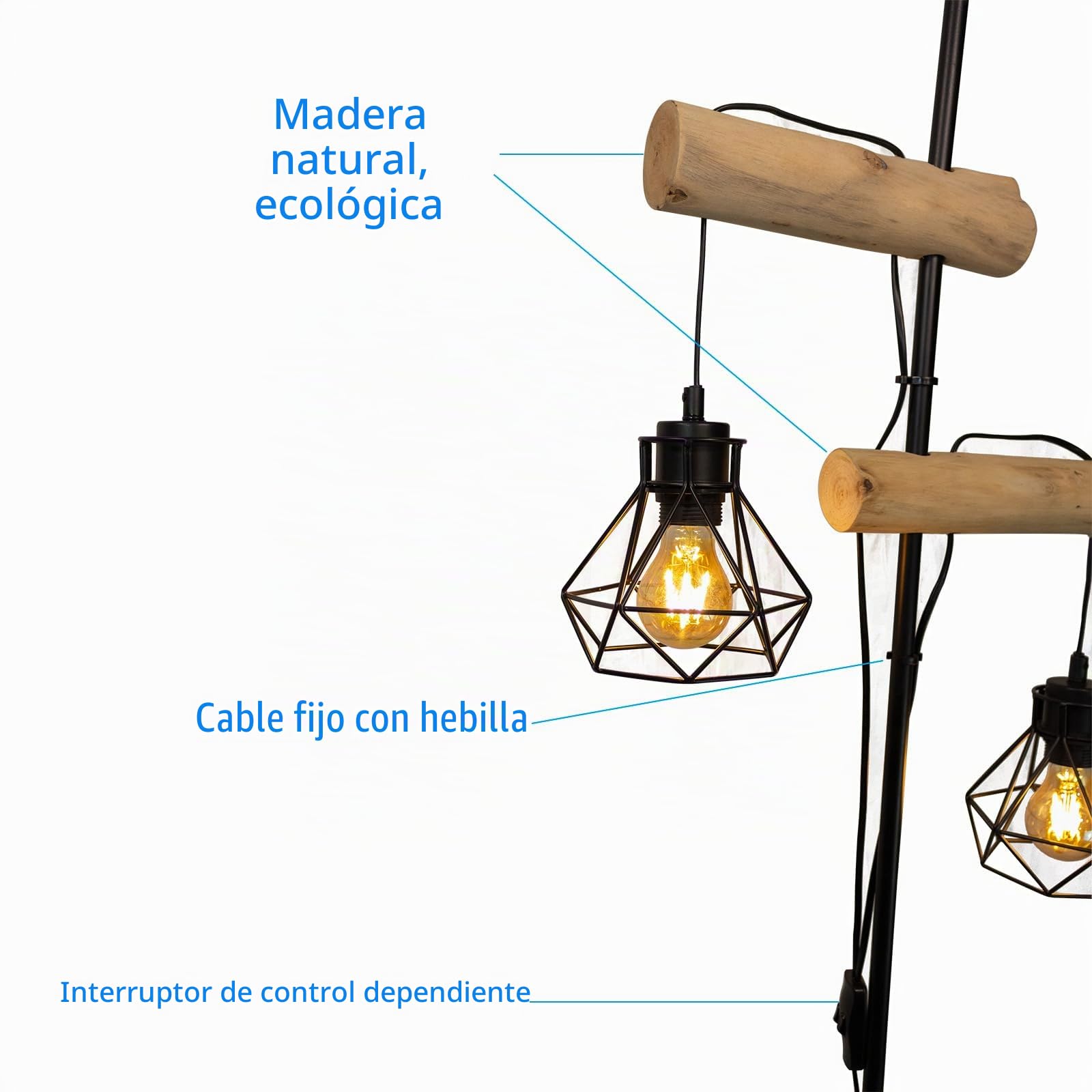 Lámparas de Pie Madera Salón Metal Lámpara de Pie con Pantallas en Forma de Diamante Moderna Lámpara de Salón Decorativa con Doble Interruptor