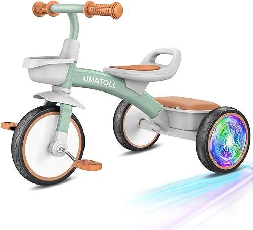 Umatoll Triciclo para niños y niñas de 18 meses a 4 años, juguetes de bicicleta para niños pequeños con asiento ajustable y ruedas iluminadas,