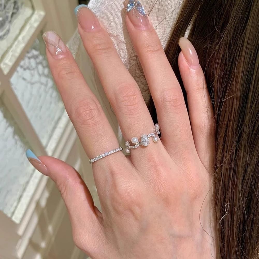 CZ Beaded Leaf Branch Statement Ring for Women Silver Plated Adjustable Wave White Ball Beads Open Wrap Rings Comfort Fit Dainty Wedding Holiday Party Jewelry - Image 4