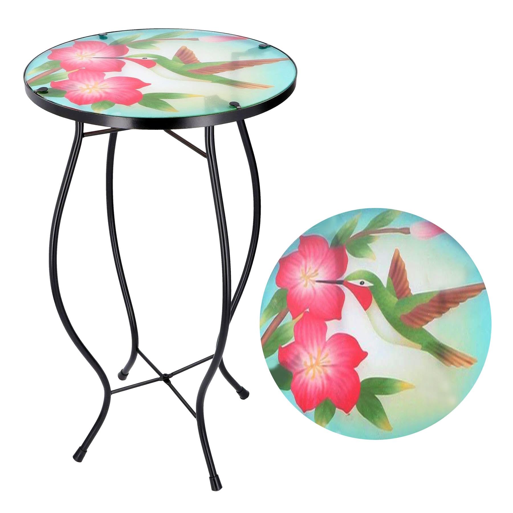 GEEZY Mosaic Garden Table – Colibri Design, Weatherproof Glass & Iron, Small Round Outdoor Patio Coffee Versatile Bistro Side Table Plant Stand for Home & Gift, 30.5 cm Diameter, Garden Tables Only — image 1