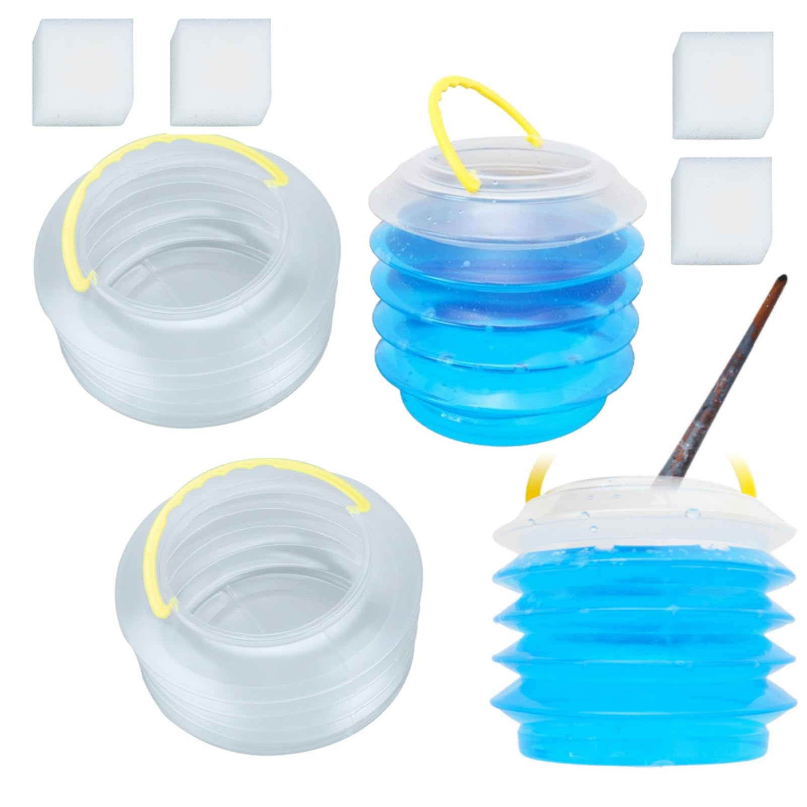 Collapsible Paint Brush Washer, 4Pcs Paint Brush Cleaner Portable Transparent Drawing Wash Brush Water Barrel Mini Foldable Acrylic Oil Watercolor Painting Bucket with 4 Sponge (3.9inch)