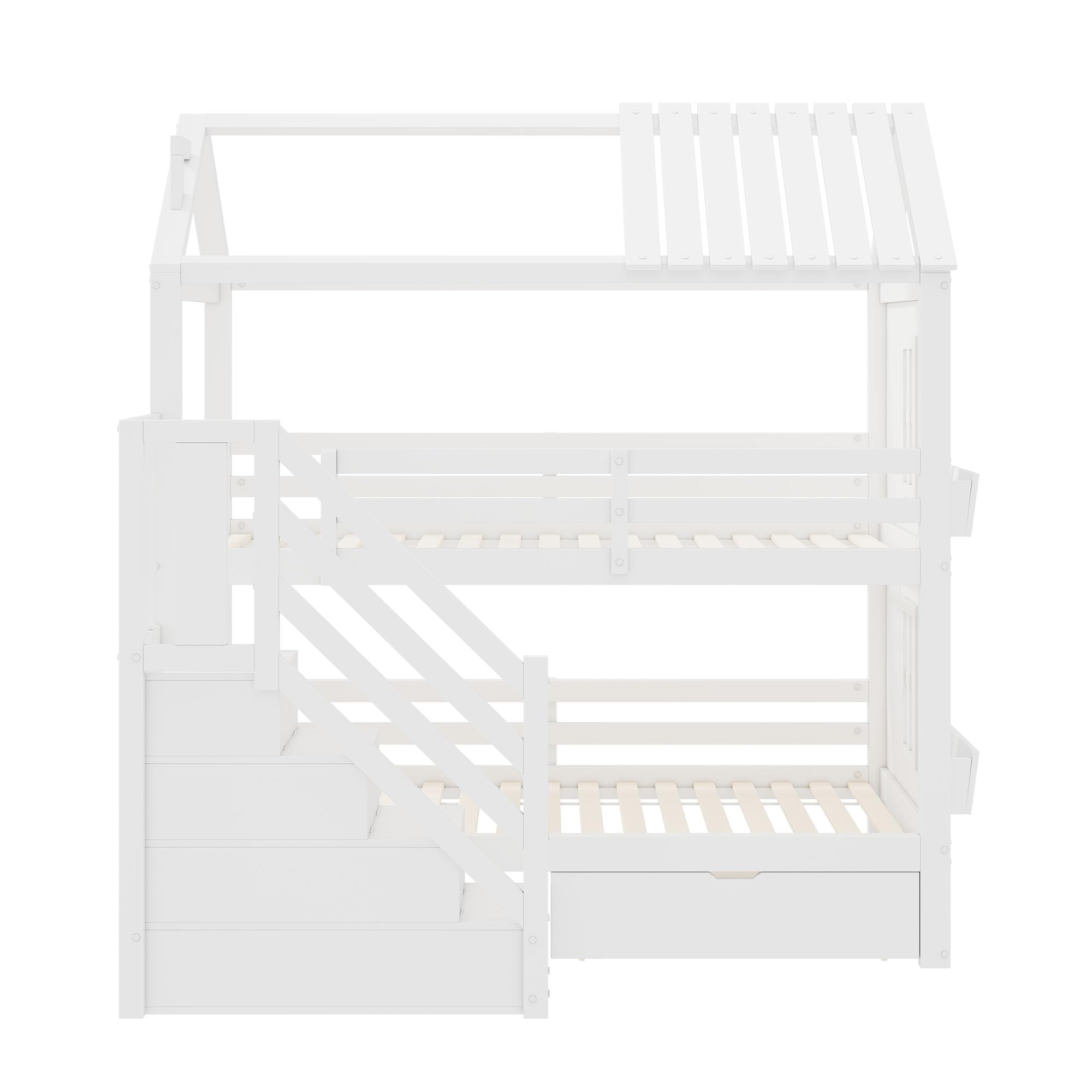 Dolamaní Letto a castello per 2 bambini, 90 x 200 cm, letto per fratelli con scale e cassetti e mensole, extra grande, legno di pino (bianco)