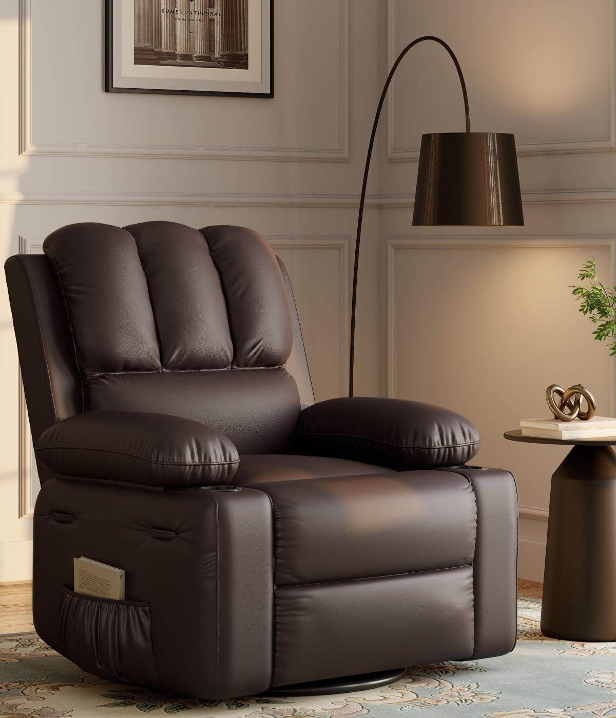 Oversized Recliner Chair for Adults,PU Leather Electric Rocker Recliner,360 Degree Swivel Lounge Chair with Side Pocket,Modern Massage Recliner Chair Sofa for Living Room,Bedroom, Coffee