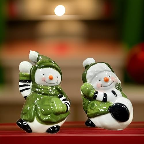 Miniatura 5 de The Bridge Collection Green Clad Snowmen - Juego de salero y pimentero  Juego de 2 piezas de muñeco de nieve de invierno, divertidos saleros y