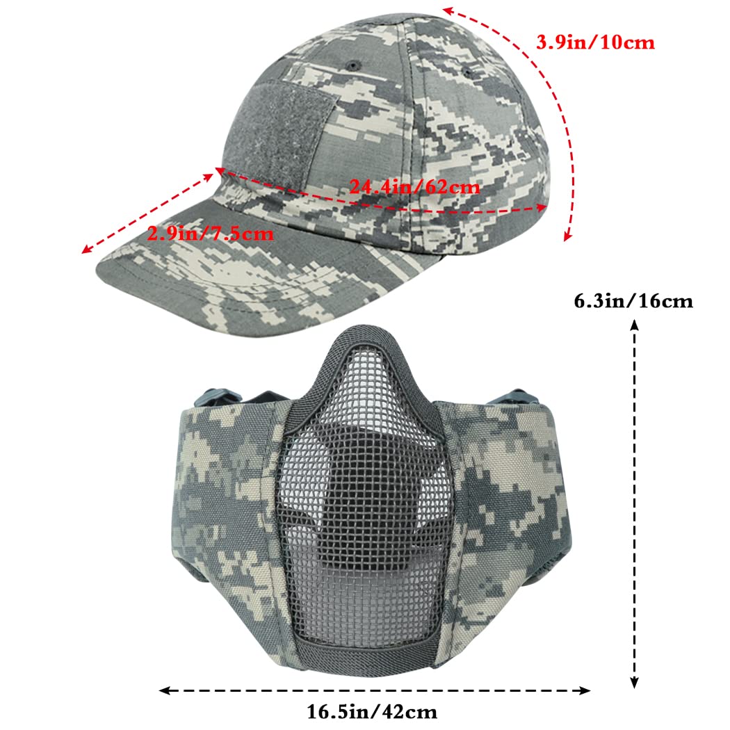 Airsoft - Juego de máscara de media cara y sombrero, máscara de malla de acero con protección para los oídos y gorra de béisbol, máscara protectora táctica para juegos CS, pistola BB, paintball, caza, tiro