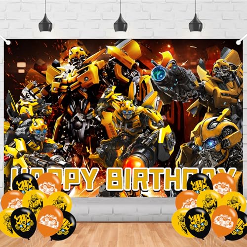 Bumblebee Birthday Decorations Cartoon Robot Backdrops for Party Decorations Supplies Anime Happy Birthday Banner Backdrop for Party Supplies (5x3ft)