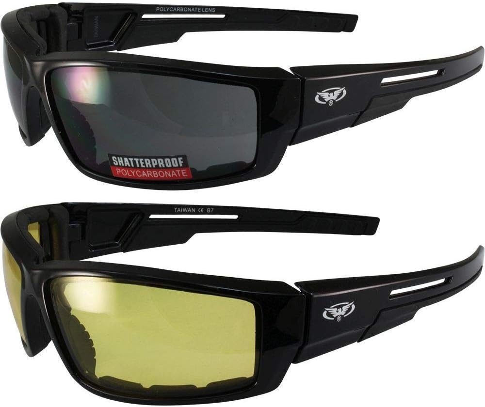 Global Vision 2 Pair of Sly Padded Motorcycle Sunglasses Gloss Black Frames with Smoke and Yellow Lenses
