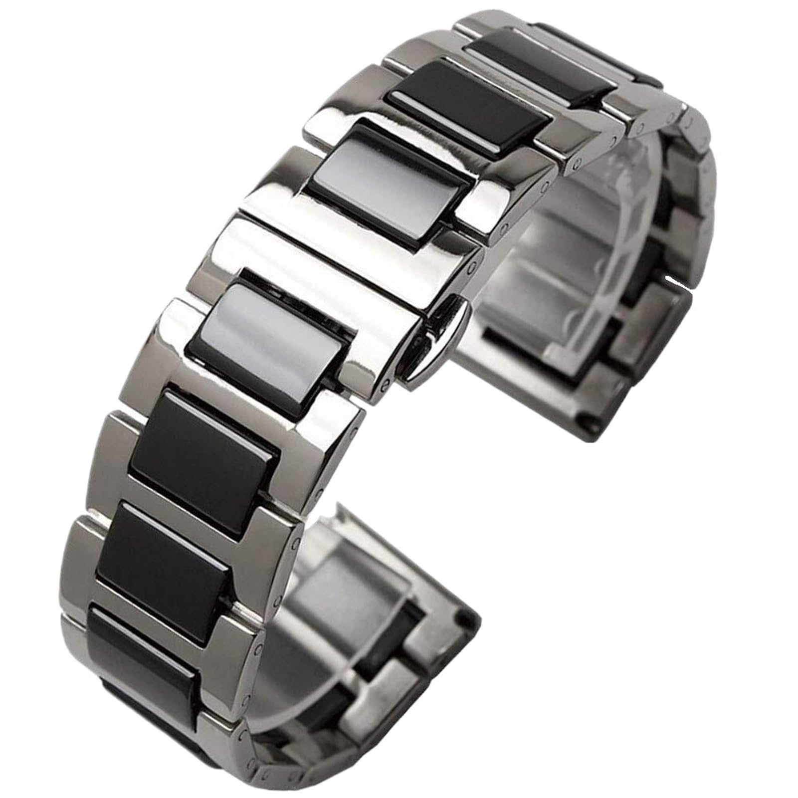 Correa de cerámica Universal para Reloj (14 mm, 16 mm, 18 mm, 20 mm y 22 mm) con Cierre desplegable de liberación rápida (Plata y cerámica Negra de 16 mm)