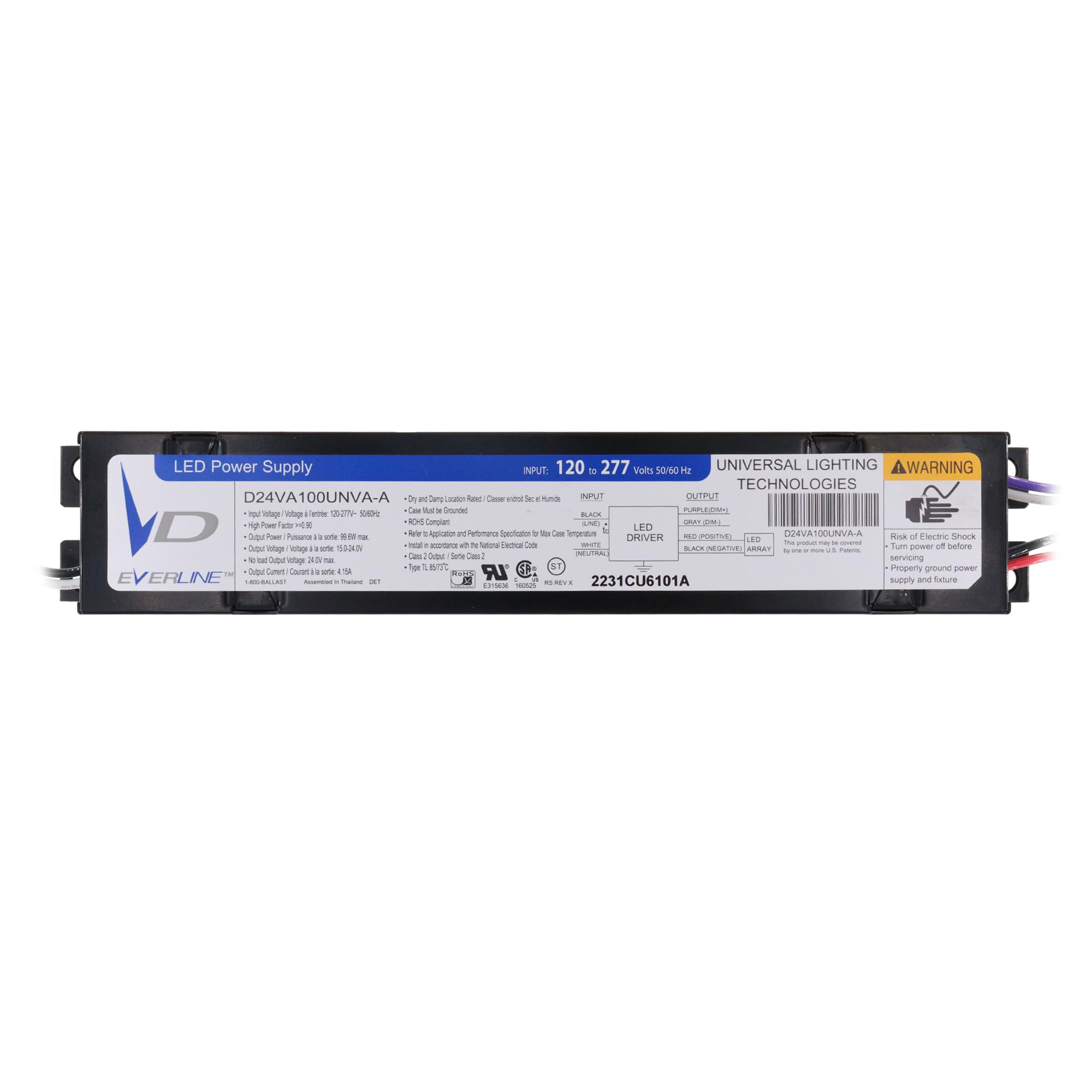 Universal Lighting Technologies D24VA100UNVA-A Dimmable 0-10V LED Driver, 24Vdc, 100W, 4.1A, 120-277V