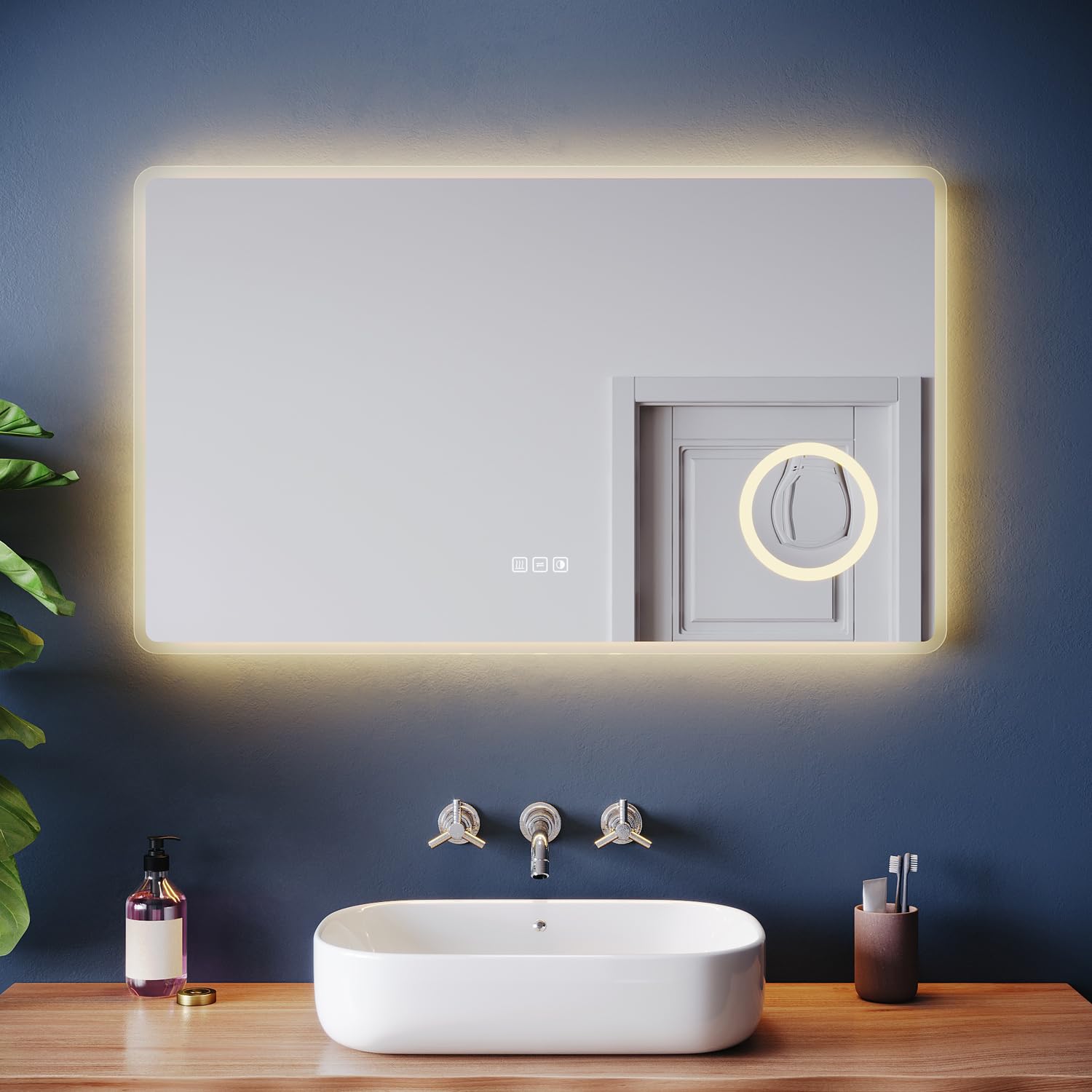 ZANOFIRA Bathroom Mirror with LED Lights, Illuminated Smart Bathroom Mirror with Shaver Socket, 3 Colors Dimmable, Defogging, Touch Sensor, 3x Magnification, IP44, 100x60cm