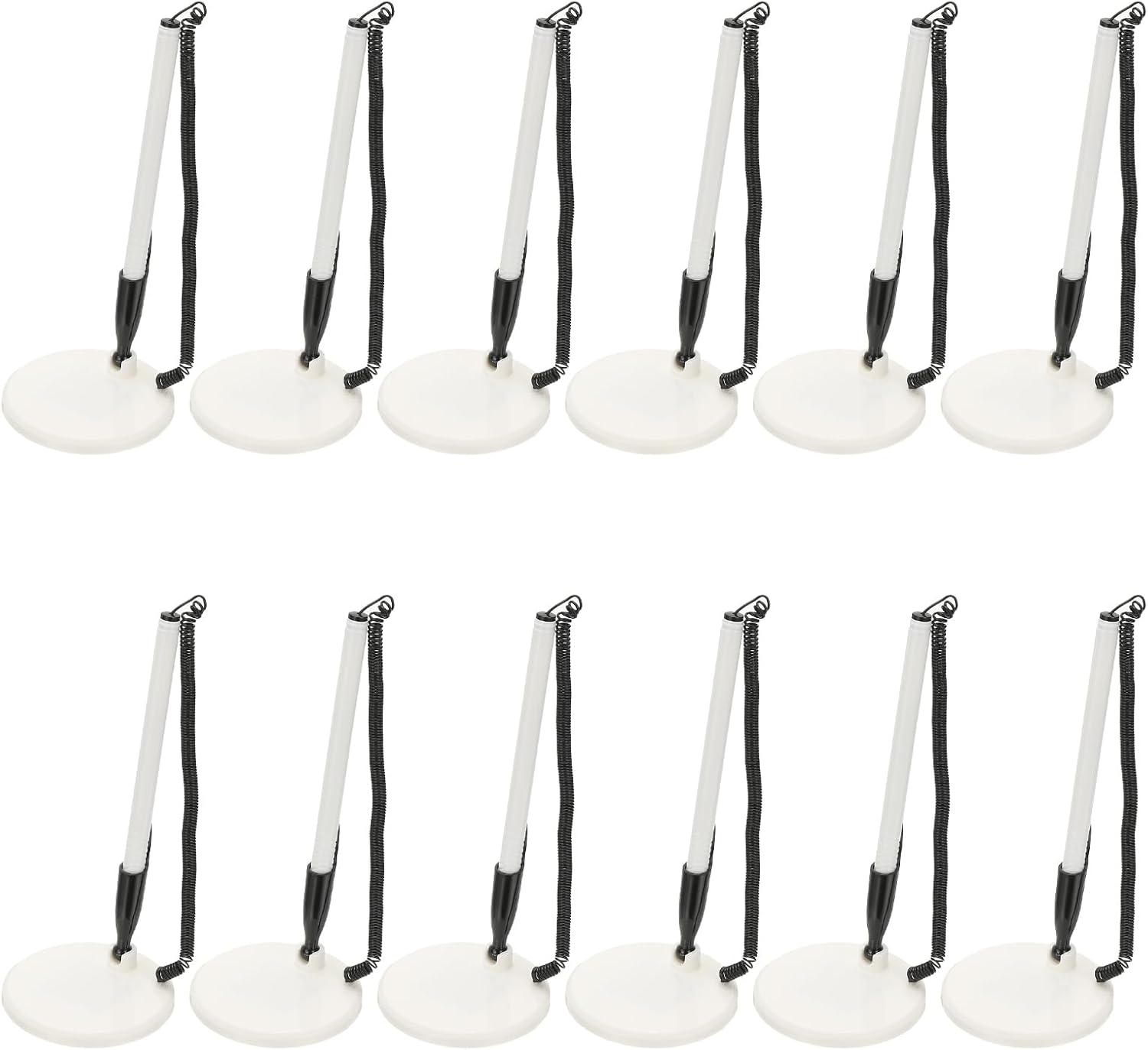 PATIKIL 12Pcs Secure Pen with Adhesive Chain and Security Pen Holder, Reception Counter Pens Desktop Pen Black Ink Refills for Desk Workplace Office Home Supplies, Flat Base, White