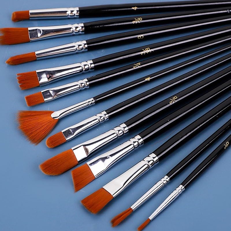 Ensemble De 12 Pinceaux en Nylon Noir pour La Peinture Acrylique, Idéal pour Les Artistes Et Les Étudiants.
