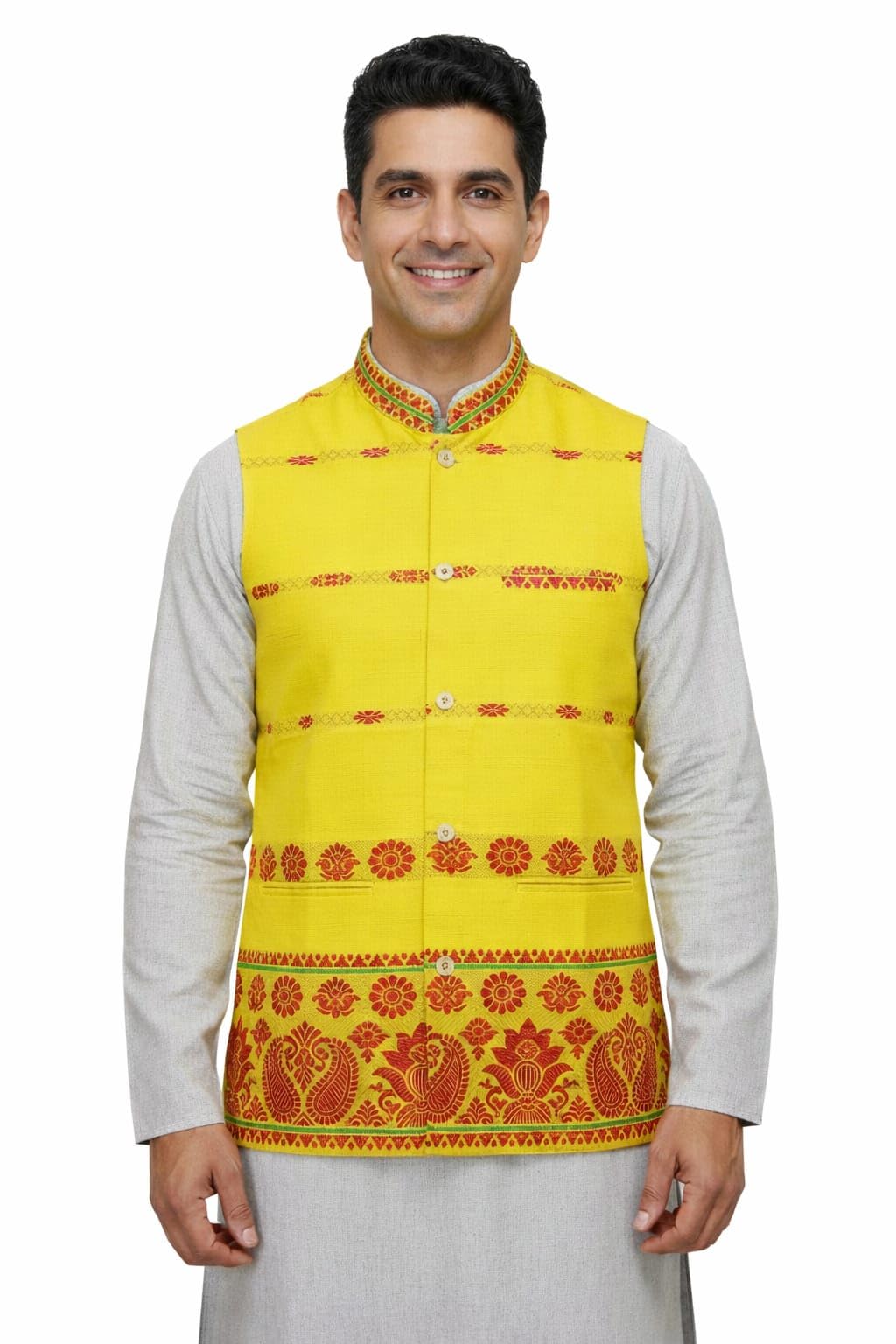 Adivasi Waistcoat for Men and Boys, Yellow Traditional Embroidered Nehru Jacket, Ethnic Sleeveless Vest-picture-33