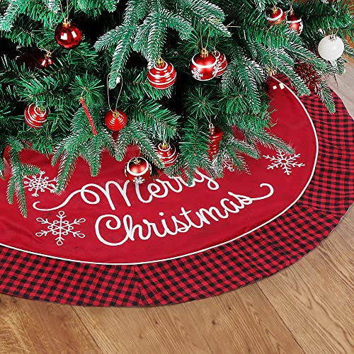 S-DEAL 48 Inches Christmas Tree Skirt with Red and Black Buffalo Plaid Border Trim for Christmas Holiday Party Decorations