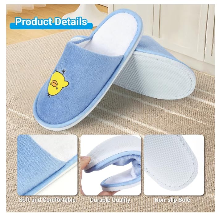 NUHUi 6 works Kids Disposable Spa Slippers Age 4-8 Indoor House Hotel Kids Guest Spa Smiling Yellow Chicken Face Blue 4.5-5 Years Big Kid - Image 3