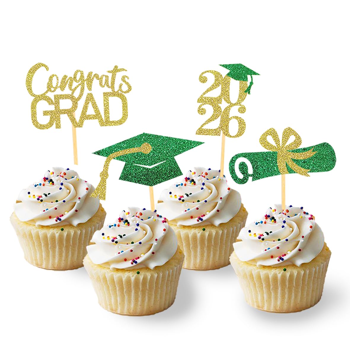 Photo 1 of 24Pcs Graduation Cupcake Toppers, Graduation Decorations Class of 2026 Cupcake Toppers (Green Gold)
