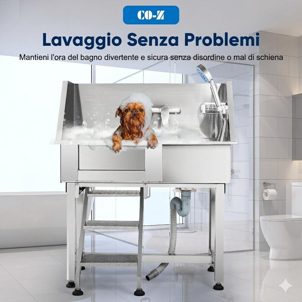CO-Z 86 cm Vasca da Bagno per Cani in Acciaio Inossidabile, Vasca Toelettatura Professionale per Animali Domestici capacità 80 kg, Vasca Doccia per Toelettatura con Scale Porta Scorrevole Rubinetto