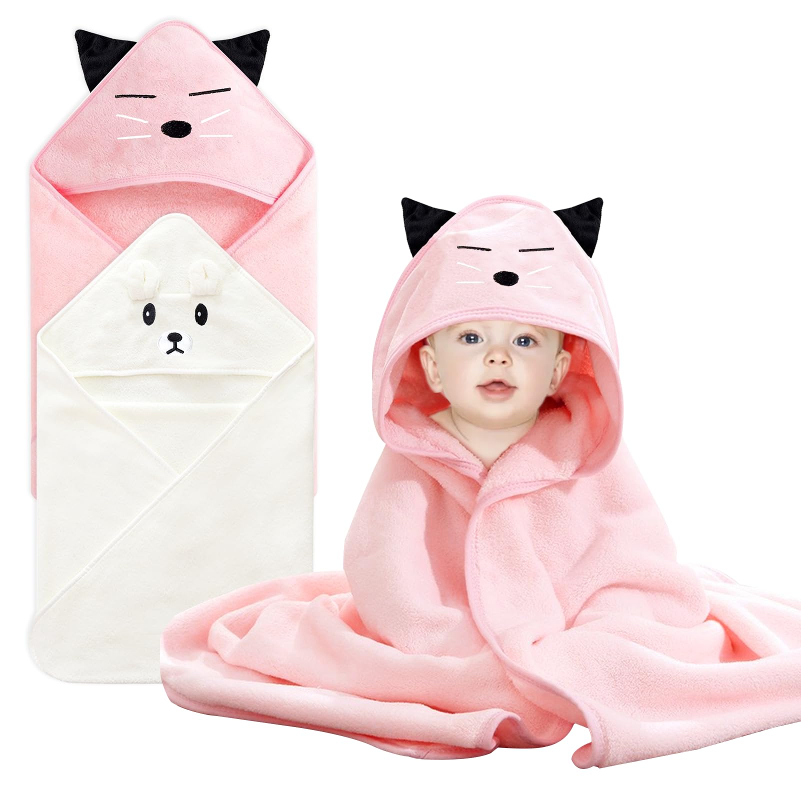 Toallas con Capucha para bebés, con Capucha y manopla, 80 x 80 cm, Toalla de Felpa Coral para recién Nacidos, Suave, superabsorbente, Bonita Forma de Animal (2, Gato Rosa y Oso Blanco)