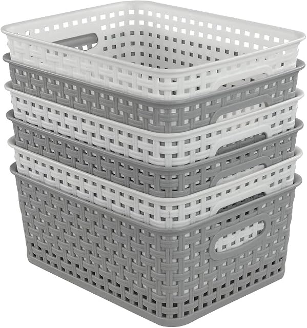 Dynko Plastic Weave Rattan Storage Basket, 6 Packs, Grey White