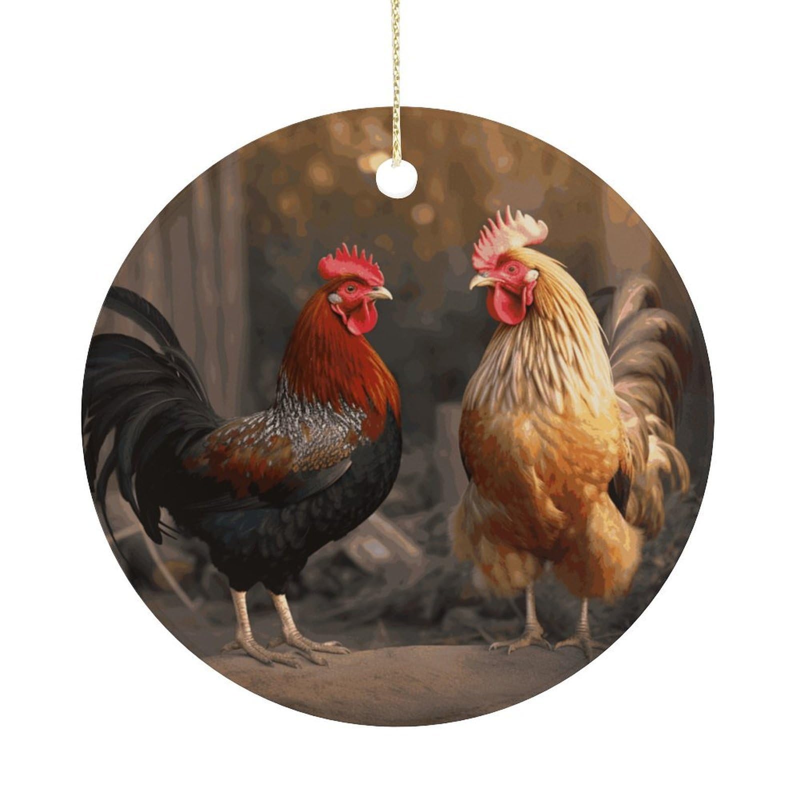 Personalized Christmas Ornaments 2025 Ceramic Hanging Rooster and Chicken Ornaments with Gold String Double-Sided Vintage Holiday Decorations for Tree Mantel Tabletop Xmas Party Favors