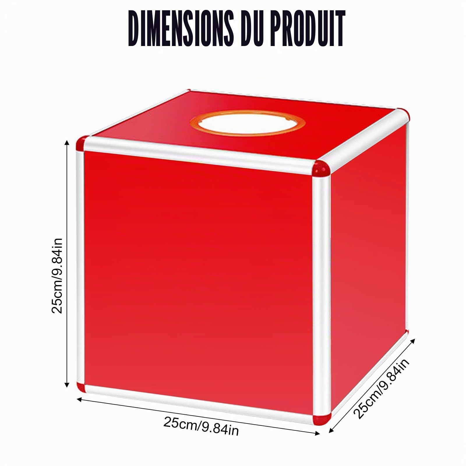 Boîte à tombola transparente de loterie, 25 cm, avec alliage d'aluminium, carrée, boîte de rangement pour collecte de fonds (rouge)