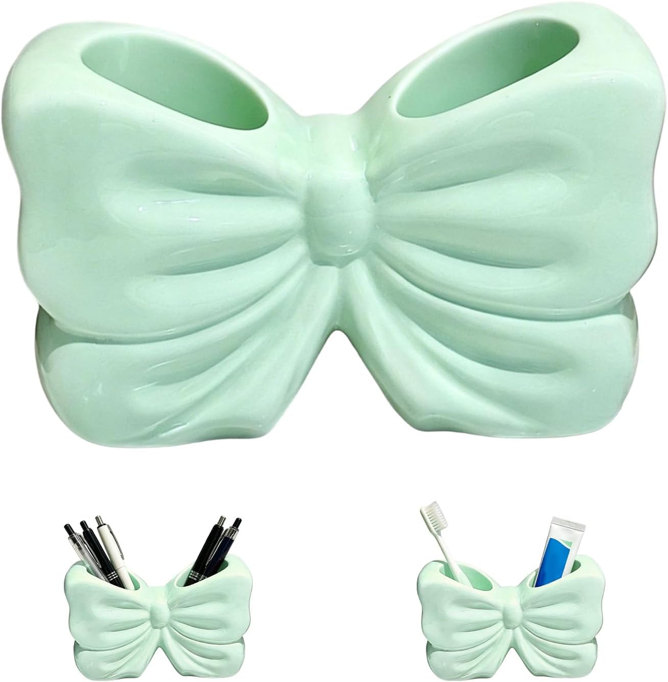 Bow Toothbrush Holder, Cute Ceramic Toothbrush Holder Set, Bow Bathroom Decor Accessories, Available in Pink, Green, Purple, Countertop Vanity Organizer for Home Bathroom Decoration (Light Green)