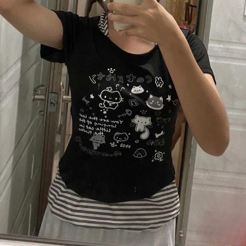 Image of Kawaii Cutecore Harajuku Y2k 2000s Tops Summer Preppy Aesthetic Alt Goth Emo Short Sleeve Graphic Tees