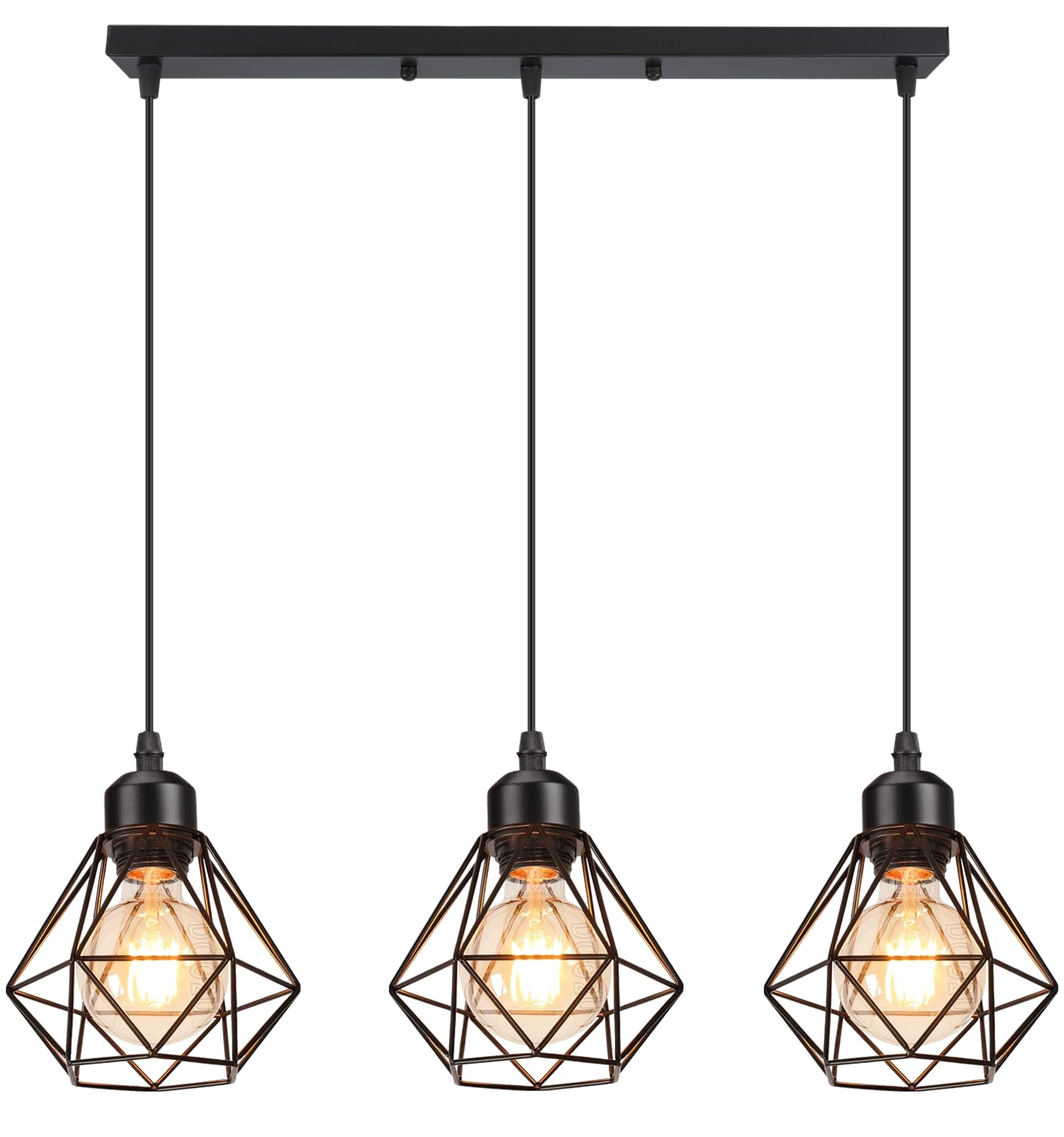 Lampara Colgante E27 Vintage Industrial Lámpara de Techo Colgante Negro Retro 3 Luces Iluminación Para Cocina Comedor Sala de estar (16cm-con barra)